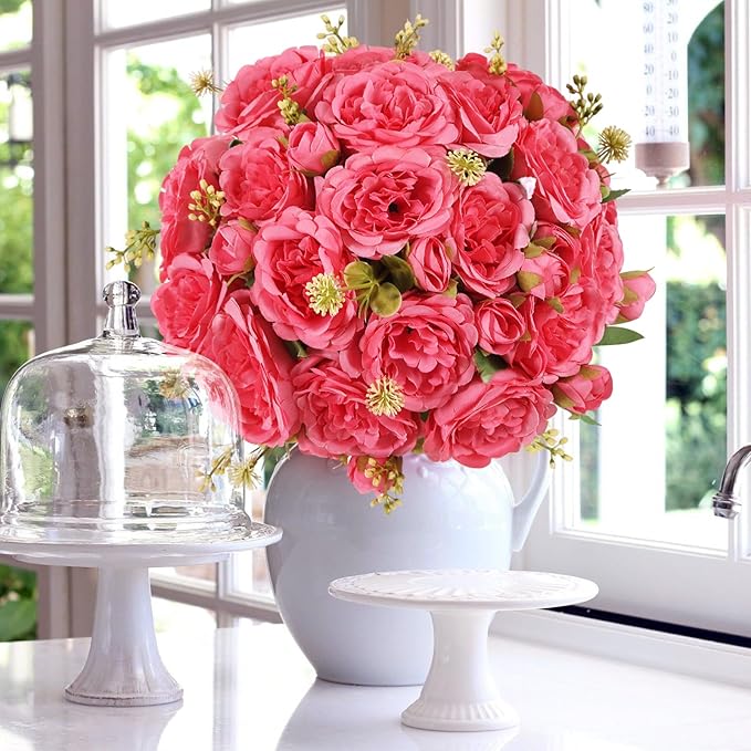 4 Packs Artificial Peonies Silk Flowers: Faux Peony Bouquet 4 Bundles, Fake Peonies Flowers Bulk for Centerpiece Table Wedding Party Home Decor for Vase Decoration (Rose Red)