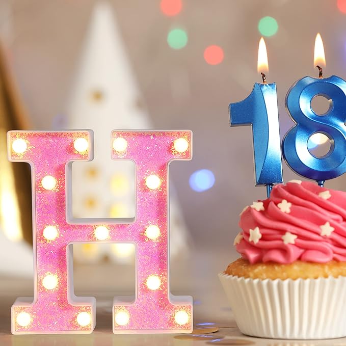 Foaky Pink Light up Letters，Pink Party Decorations,Girls Room Decor,Glitter Light Up Letters,Alphabet Letter Sign for Night Light Birthday Party Girls Gifts, Home Bar Decoration（D）