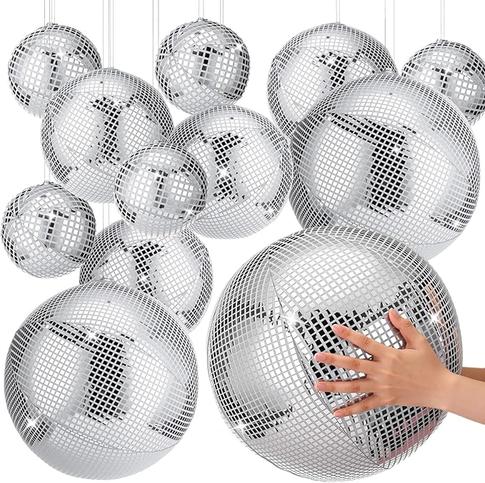 HyDren 12 Set Inflatable Disco Ball with Cover Foldable Hanging Mirror Disco Ornaments for Christmas Wedding Birthday Baby Shower Bachelorette Party Indoor Outdoor (16/12/8/6 Inch)
