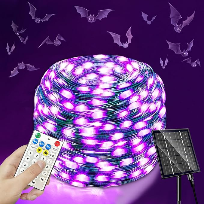 Solar Halloween Lights, 500 LED Solar String Lights with 19 Modes, Purple String Lights Halloween Decoration Outdoor Solar Lights for Party Outside Tree Yard Decoration