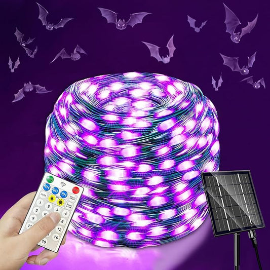 Solar Halloween Lights, 500 LED Solar String Lights with 19 Modes, Purple String Lights Halloween Decoration Outdoor Solar Lights for Party Outside Tree Yard Decoration