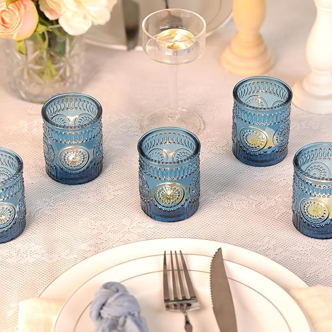 Blue Votive Candle Holder Set of 12, Glass Tea Lights Candle Holders for Wedding Table Centerpieces, Birthday Parties, Home Decor and Holiday Decor