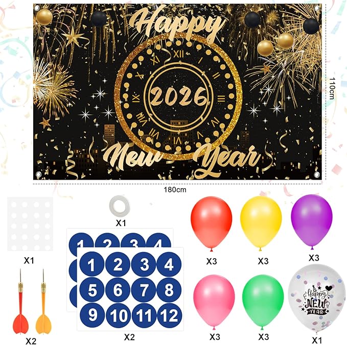 2026 New Year's Eve Decoration Set with Happy New Year Banner，Countdown Balloon Dart Party Games for Adults Families, New Year's Eve Party Supplies 2026, Photo Props for Holiday Celebrations