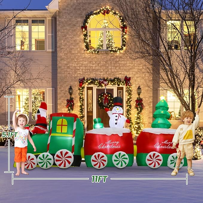 11 FT Christmas Inflatable Train Decoration with Santa Claus, Red & Green, Multicolor LED Lights, Weather Resistant