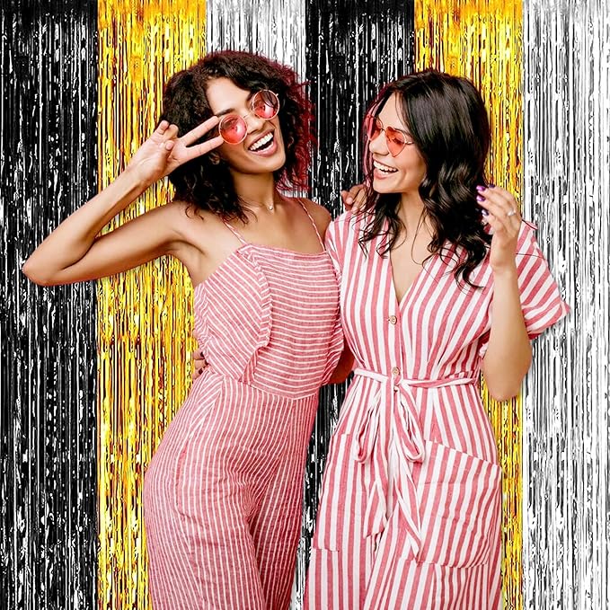 3 Pack Black Gold Silver Foil Fringe Curtains Backdrop, 3.28 x 6.6 Ft Metallic Streamers Tinsel Curtains Background for Photo Booth, Birthday, Halloween, Christmas, New Year Party Decorations