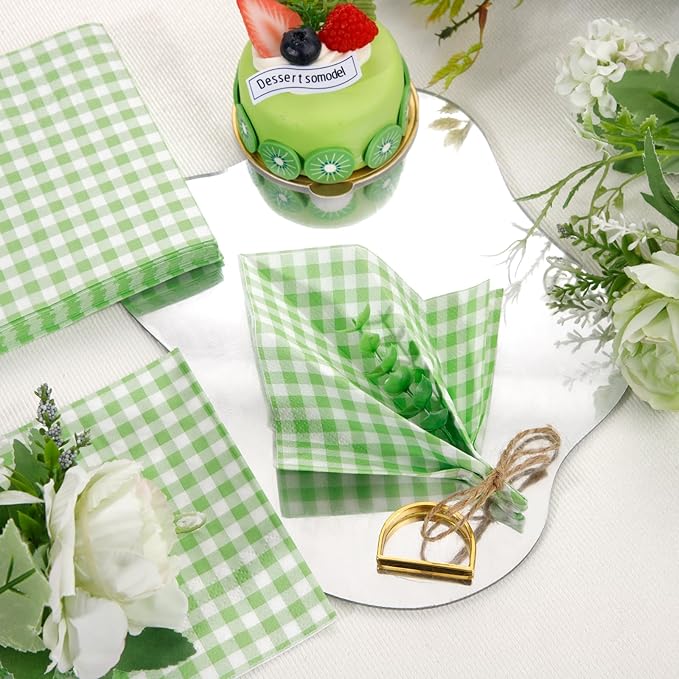 FLOWERCAT 100-Count 2-Ply Green Checkered Cocktail Napkins Gingham - Green and White Checkered Napkins Disposable Premium Quality - 5" x 5" Paper Napkins for Easter Party,Bar,Weddings