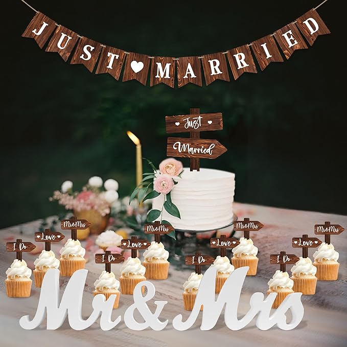 Rustic Wedding Decoration Set Just Married Cake Topper & 12 PCS Cupcake Toppers & Banner & Mr Mrs Table Sign in Wood