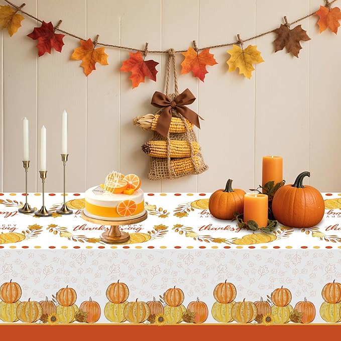 ATFUNSHOP Thanksgiving Tablecloth 2 Pack 54" X 108" Disposable Fall Table Cover Party Supplies Pumpkins Autumn Leaves Water Proof Plastic Table Cloth for Thanksgiving Decoration Dinner Party