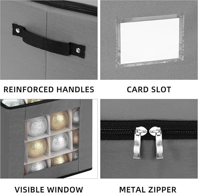 inin Christmas Ornament Storage Box with Adjustable Dividers,Christmas Ornaments Organizer with Zippered Top,Storage Container Bin for Holiday Decorations(64 Ball, Gray, Without Tray)
