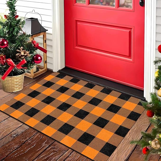 InterestPrint Fall Welcome Buffalo Plaid Door Mat Front Door Outdoor Doormat Outside Entrance Porch Non Slip Rubber Rug Autumn Halloween Thanksgiving Farmhouse Decor, 24"x16"inch