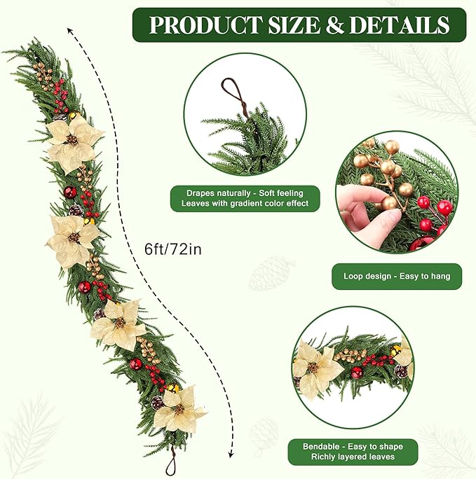 6FT Christmas Norfolk Pine Garland for Mantle, 1PCS Artificial Real Touch Garland with Flowers Berries Pinecones Balls, Green Winter Realistic Norfolk Pine Garlands for Table Winter Xmas Decorations