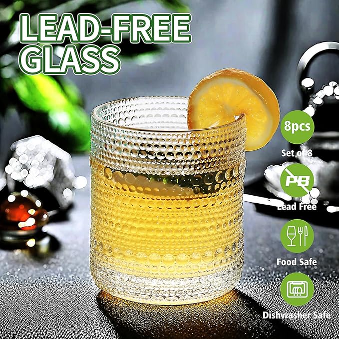 Vintage Hobnail Driinking Glasses Set, Glassware Drinking Set of 8, 12 oz Highball Glasses & 10 oz Cocktail Glasses, Tumbler Glasses for Cocktails, Whiskey, Juice, Milk, Clear