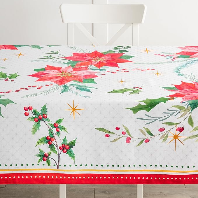 Maison d' Hermine Table Cloth Rectangle Table 100% Cotton 70 x 140 Inches Fall Tablecloth Reusable Everyday Use for Thanksgiving Christmas Decorations Dining Farmhouse Party (Poinsettia Christmas)