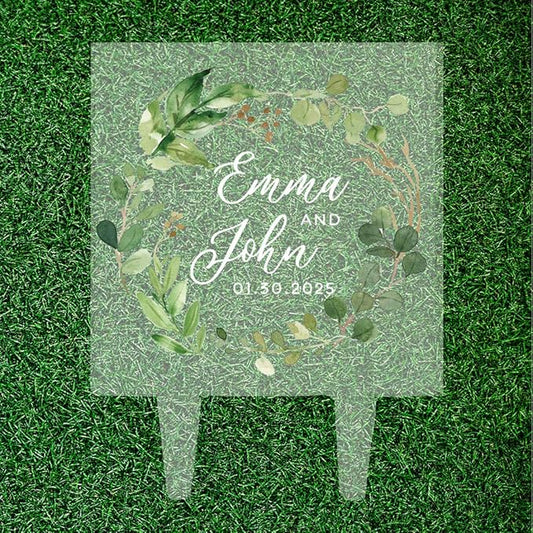 Andaz Press Eucalyptus Wreath Custom Wedding Cake Topper, Acrylic Square Personalized Couple Cake Topper