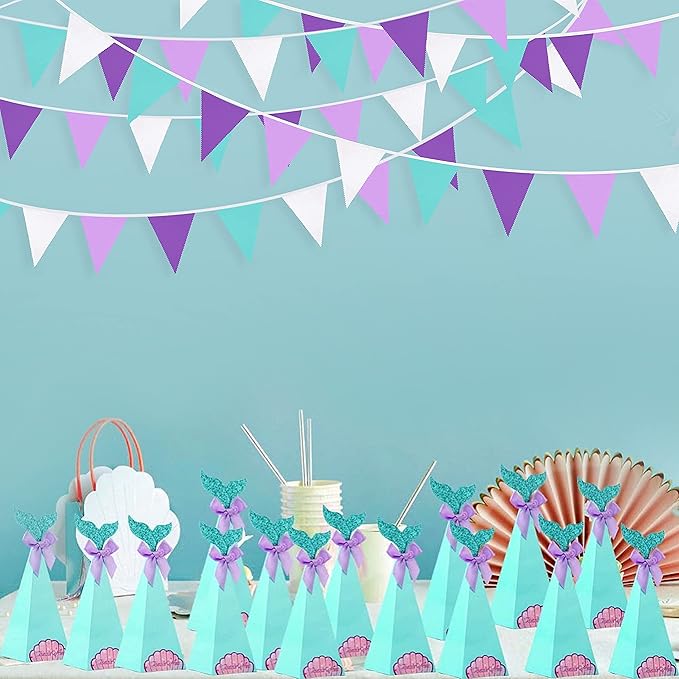 10M/32Ft Purple Aqua Blue and White Banner Decorations Triangle Flag Fabric Pennant Bunting Garland for Little Mermaid Theme Girls Birthday Wedding Bachelorette Baby Shower Under The Sea Party(36Pcs)