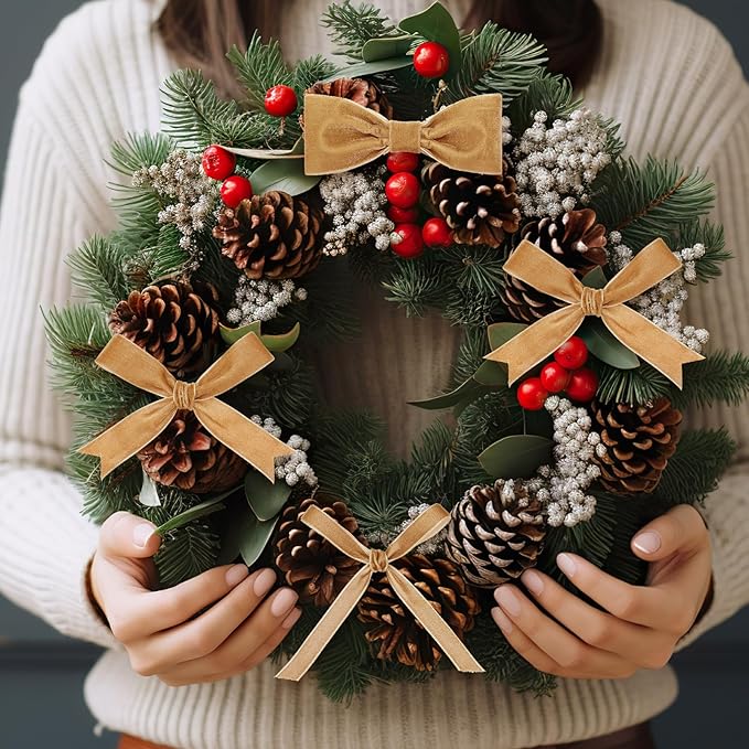 Yilloog 3/8'' 1'' 2'' 90 Yards Christmas Velvet Ribbon Vintage Satin Fabric Velvet Ribbon Roll for Christmas Tree Ornaments Decoration Gift Wrapping Bow DIY Crafts (Khaki)