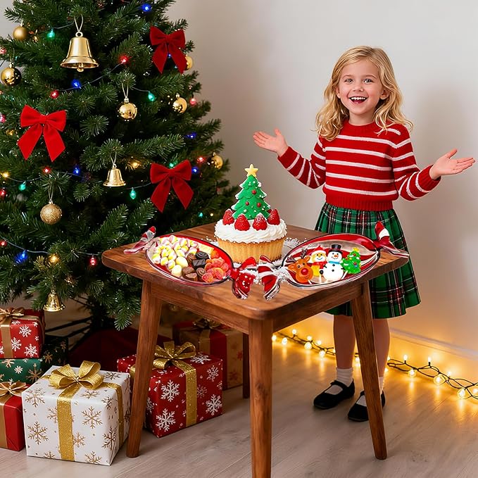 Christmas Candy Shaped Glass Dish Platter Oval Serving Tray Red Transparent Festive Dish for Xmas Holiday Party Cookies Fruit Peppermint Dessert Snack Charcuterie Decorative Gift, Large