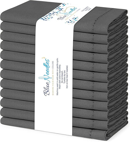 Blue Needles Set of 12 Hemstitch Linen Napkins 100% Cotton Grey Cloth Dinner Napkins 18x18 inches, Soft, Reusable, Absorbent, Washable, Ideal for Fall Thanksgiving Events, Parties & Everyday Use