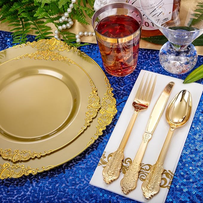 Morejoy 175PCS Solid Gold Plastic Plates with Gold Rim，gold disposable dinnerware sets Include 25 Dinner Plates,25 Dessert Plates,25 Cutlery Sets,25 Napkins Perfect for Party & Thanksgiving