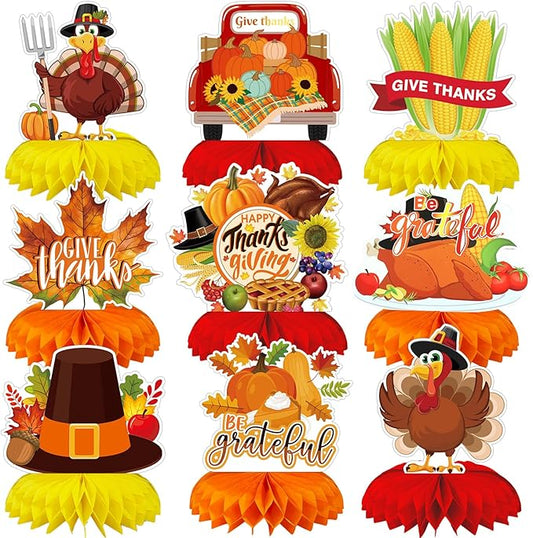 9PCS Thanksgiving Honeycomb Centerpiece Turkey Pumpkin Maple Leaves Honeycomb Thanksgiving Table Centerpiece for Thanksgiving Table Decoration Fall Autumn Theme Birthday Party Supplies