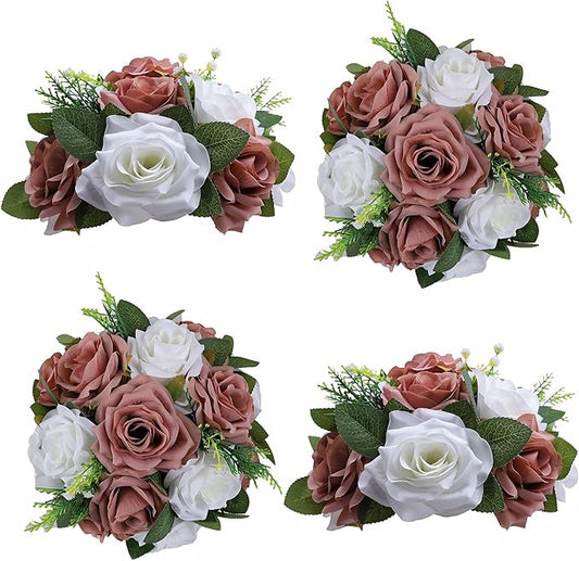 Artificial Flowers Ball 4 Pcs Dusty Rose White Flowers Wedding Table Centerpiece Table Decorations Flower Arrangement for Table Flowers centerpieces Wedding Flowers Wedding centerpieces