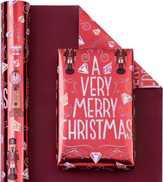 WRAPAHOLIC Reversible Nutcracker Christmas Wrapping Paper - Mini Roll - 17 Inch x 33 Feet - Merry Christmas Nutcracker Wrapping Paper with Metallic Foil Shine for Xmas Holiday, Party Celebration