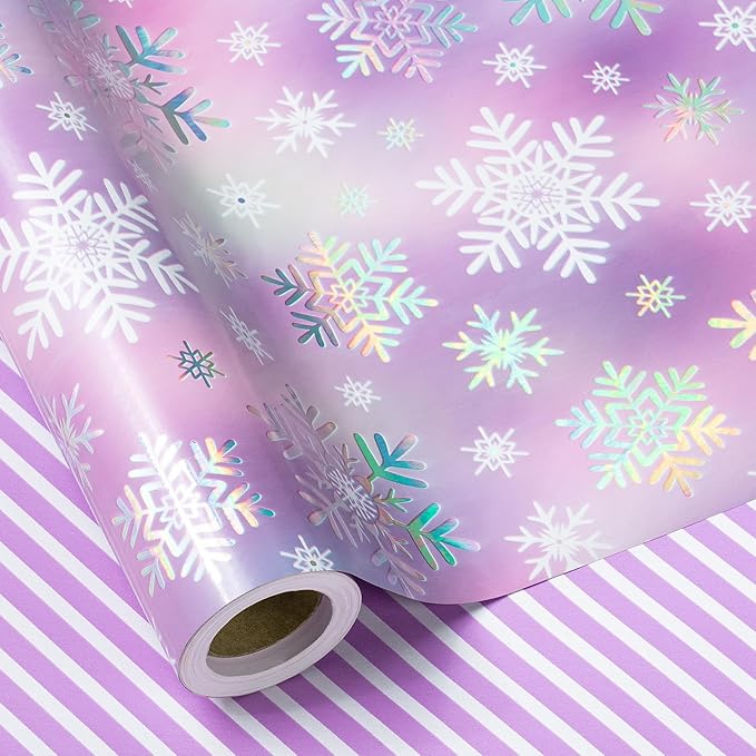 RUSPEPA 30" X 32.8' Reversible Christmas Wrapping Large Paper Roll, Jumbo Roll, Colorful Foil Pastel Snowflake Design and Purple Stripes Dreamy Gift Wrap for Girls, Women, Family, Xmas Holiday Gifts