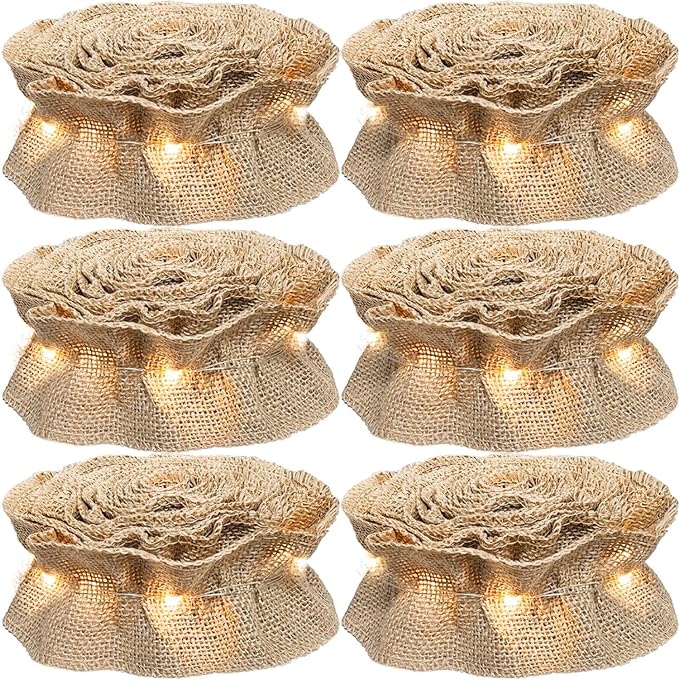 Lighted Burlap Ribbon Garland Christmas Tree Decorations 9 Ft x 6-Rolls Pre-Lit Burlap Christmas Garland with LED Lights Battery Operated, Rustic Boho Natural Jute Vintage Country Farmhouse Home Decor