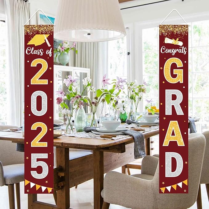 Graduation Decorations 2025 GRAD Banner Maroon Porch Door Sign Welcome Banner For Indoor Outdoor Wall Graduation Decorations Class of 2025
