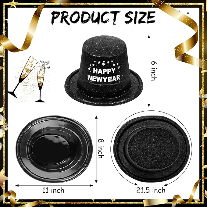 Hillban 50 Pack Glitter Top Hats Bulk Happy New Year Shiny Magician Top Hat for Adults Costume Party