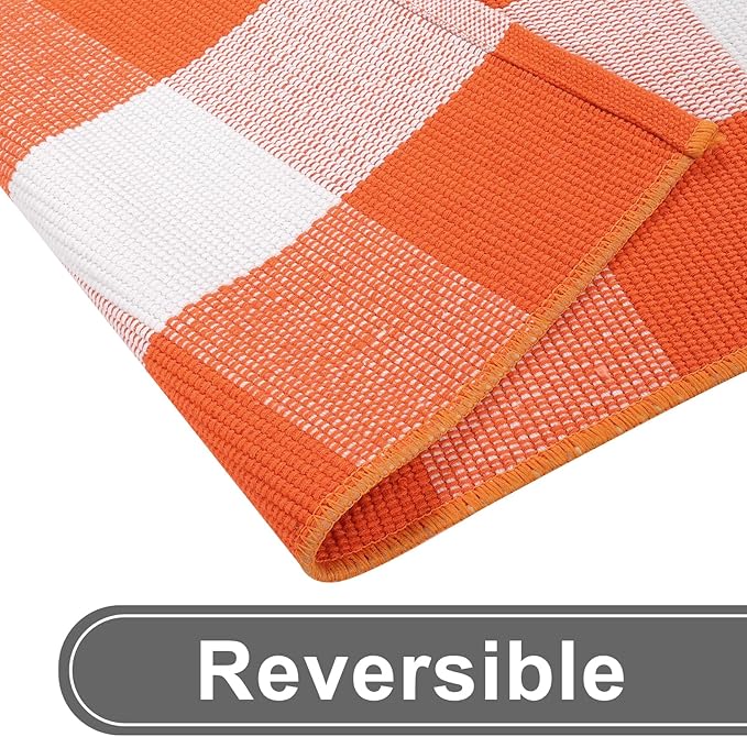 KIMODE Fall Outdoor Rug Orange and White 3'x5',Washable Cotton Halloween Front Door Rug,Farmhouse Buffalo Plaid Layering Rugs,Reversible Fall Door Mat for Entryway,Halloween Front Porch Decor