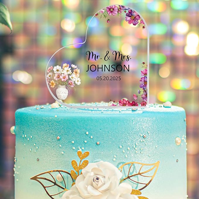 Custom Wedding Heart Acrylic Plaque,Mr & Mrs Cake Topper,Personalized Wedding Keepsake/Gift/Sign (Style 8)