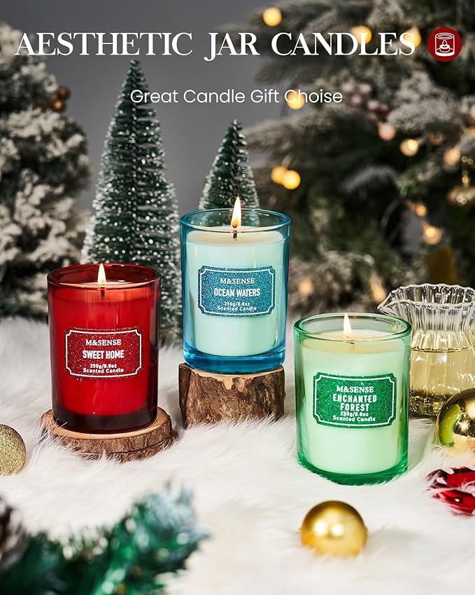 M&SENSE Cinnamon Apple Scented Candles, Christmas Candle 8.8 oz Glitter Jar Candles, Holiday Candles Gifts for Women, Strong Scented Natural Soy Candle for Winter Home Decor, 50 Hours Long Burning