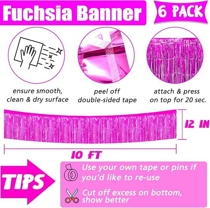 6 Pack 10 Feet Foil Fringe Garland Metallic Tinsel Banner Wall Hanging Curtain Streamers Backdrop for Parade Floats Bachelorette Wedding Birthday Party Thanksgiving Christmas Decorations(Fuchsia)