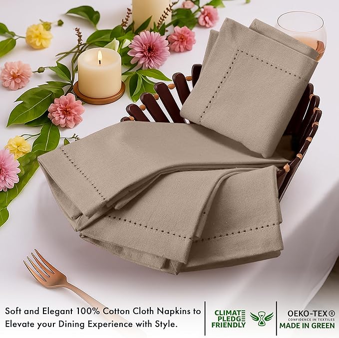 Ruvanti Cloth Napkins - 100% Cotton Dinner Napkins, Hem Stitched Corners, 18x18 Inch, 12 Pack - Soft, Absorbent, Durable, Reusable, Wrinkle Resistant for Formal Dining & Everyday Use - Light Taupe