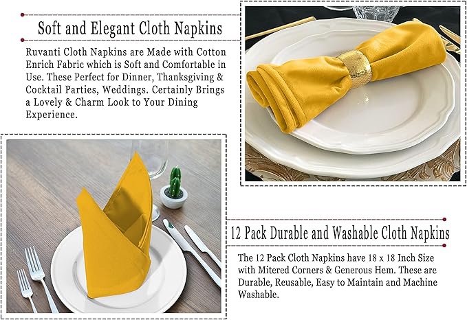 Ruvanti Cloth Napkins Set of 6, 18x18 Inches Napkins Cloth Washable, Soft, Durable, Absorbent, Cotton Blend. Table Dinner Napkins Cloth for Hotel, Lunch, Restaurant, Wedding Parties - Mustard