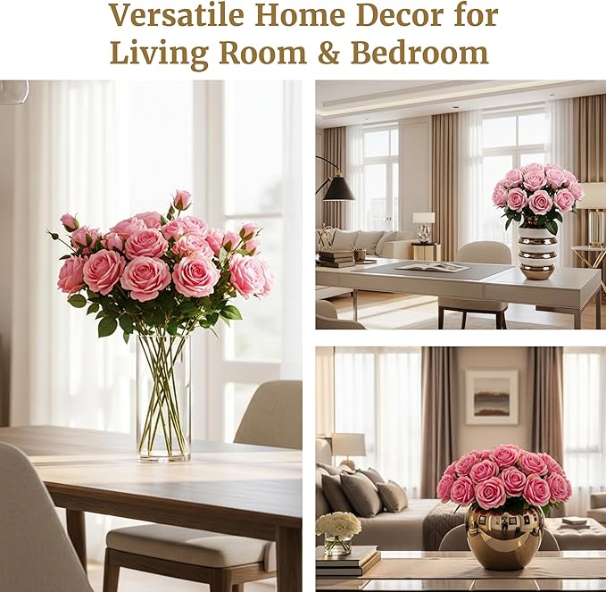 Auihiay 60PCS Pink Roses, Artificial Roses, Velvet Silk Fake Roses, Realistic Pink Artificial Flowers for Wedding Centerpieces, Bridal Bouquets, Home Decor, Anniversary, Valentine's Day Decorations