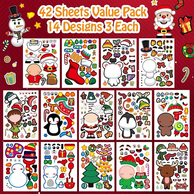 Aowplc Christmas Stickers 42 Sheets Make a Face Stickers for Kids Christmas Crafts Activities Games Party Favors Supplies