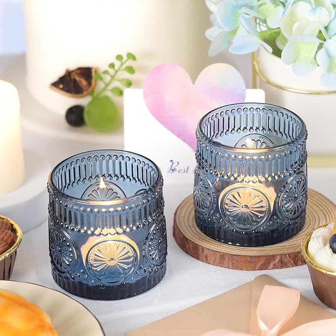 6Pcs Large Votive Candle Holders Blue Glass Tealight Candle Holders for Wedding, Table Centerpiece, Party, Birthday, Home Decor