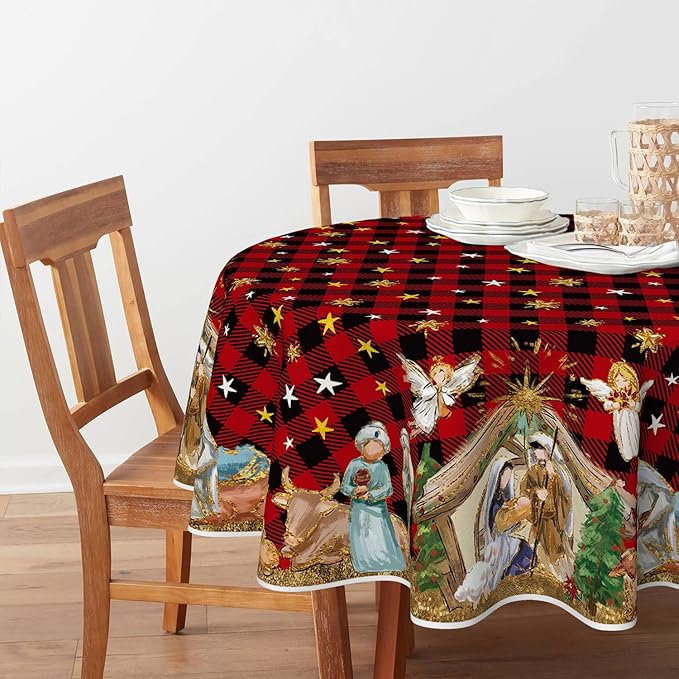 Horaldaily Christmas Tablecloth 60×60 Inch Round, Holy Nativity Red Buffalo Plaid Washable Table Cover for Party Picnic Dinner Decor