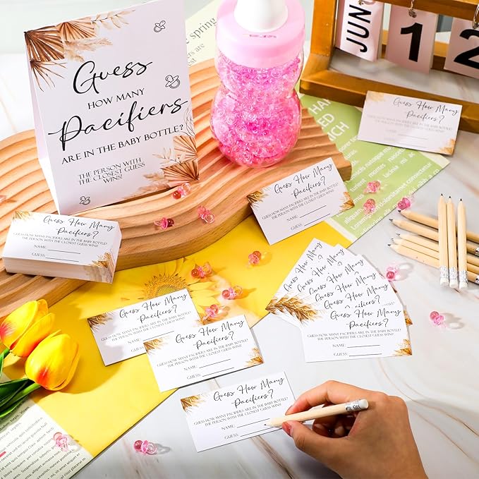 Roowest 512 Pcs Baby Shower Games Guess How Many Pacifiers Sign 100 Small Guessing Games 10 HB Pencils 750ml Milk Bottle 400 Acrylic Pacifiers Decoration for Guest Gender Reveal(Pink,Boho)