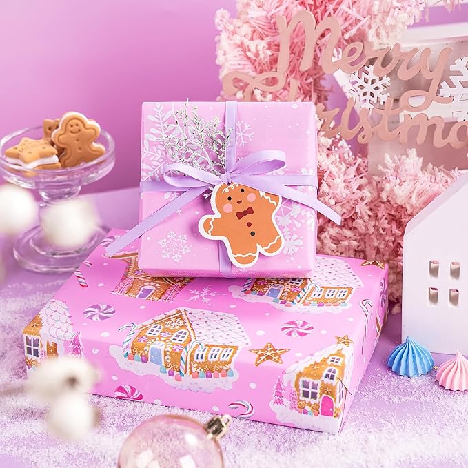 WRAPAHOLIC Reversible Gingerbread Christmas Wrapping Paper - Mini Roll - 17 Inch x 33 Feet - Pink Gingerbread House and Snowflake with Embossed for Christmas, Holiday, Party Celebration