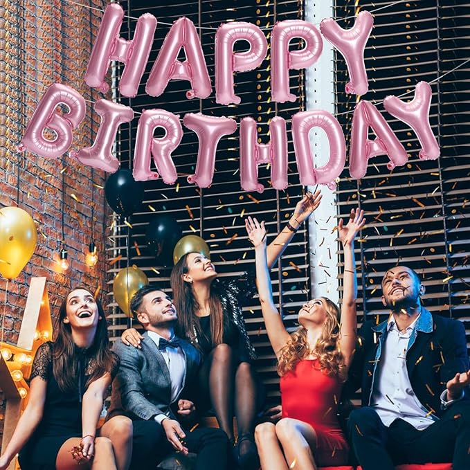Accevo Pink Happy Birthday Banner 16 Inch Foil Letters Balloons Happy Birthday Balloon for Kids, Child, Adults, Boys & Girls Birthday Decorations Happy Birthday Sign