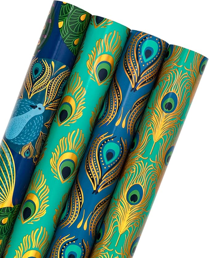 WRAPAHOLIC 30 Inch Peacock Christmas Wrapping Paper Roll - Jumbo Roll Green Peacock Elements Patterns with Metallic Foil Shine - 4 Rolls - 30 Inch x 120 Inch Per Roll