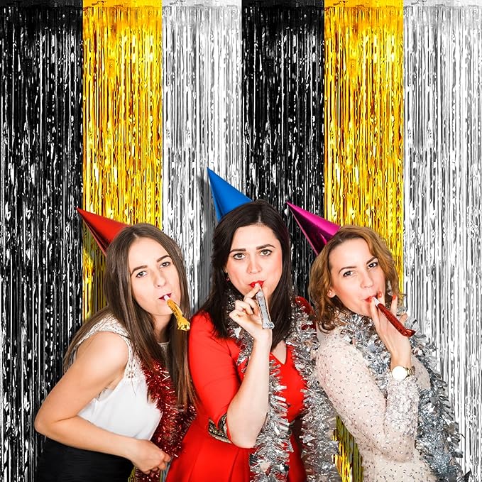 4 Pack 3.2Ft x 9.8Ft Black Gold Silver Foil Fringe Curtain Backdrop, Metallic Tinsel Foil Fringe Streamers for Photo Booth, Wedding, Notorious One Birthday Roaring 20s Graduation Party Decoration