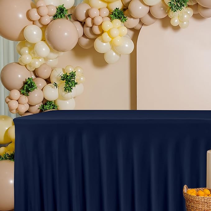 HolidayIdeas 4ft Spandex Tablecloth 2 Pack Fitted Stretch Table Skirts 24x48 Inch,Navy Blue Ruffle Design Wrinkle-Free Polyester Table Cover for Vendor Booth, Parties Banquets, Events