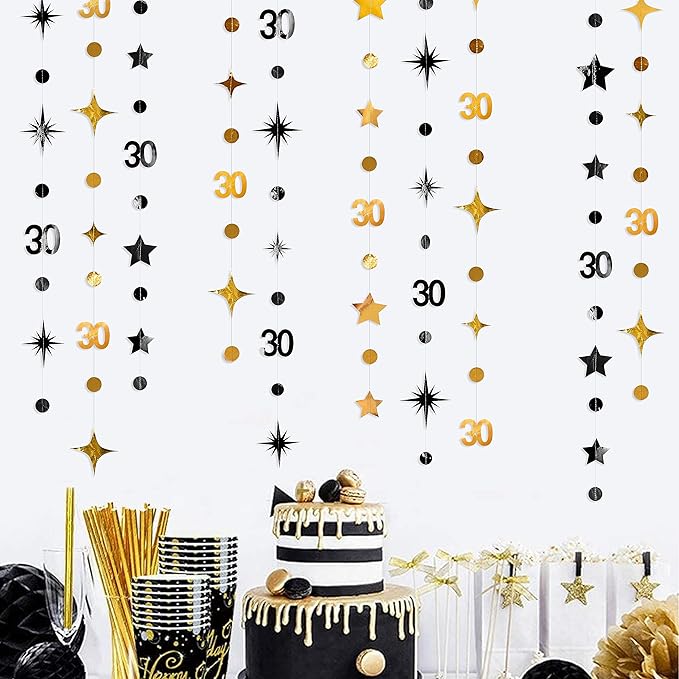 Black Gold 30th Birthday Decorations Number 30 Circle Dot Twinkle Star Garland Metallic Streamer Bunting Banner Backdrop for Mens Womens Happy Dirty 30 Year Old Thirty Anniversary Party Supplies