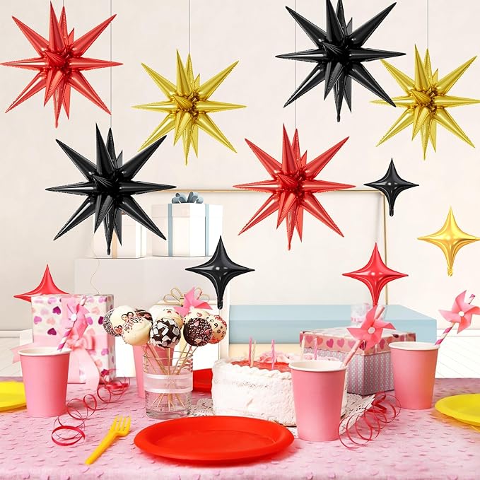 18 Pcs Black Red Star Balloons, Gold Red and Black Balloon with 6 Pcs 22-Inch Explosion Star Balloons 12Pcs 10-Inch Four Pointed Stars Foil Balloon for Kids Race Car Birthday Party Decorations