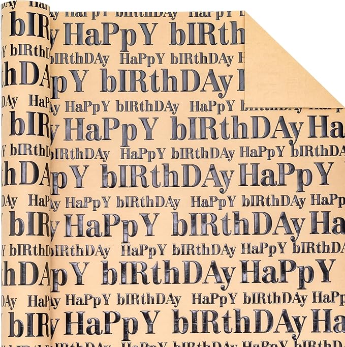 WRAPAHOLIC 3D Kraft Birthday Wrapping Paper Roll - Mini Roll - 17 Inch x 16.5 Feet - Black and Brown Happy Birthday Lettering Design with Embossed Perfect for Holiday, Party Celebration