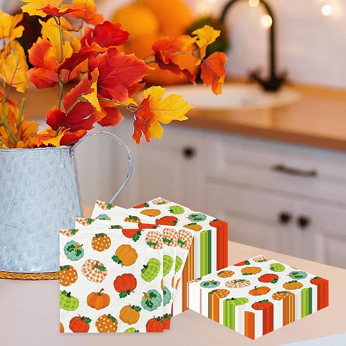 YQUQWN 50 PCS Thanksgiving Pumpkin Paper Napkins Disposable Luncheon Autumn Decorative Napkin Fall Harvest Thanksgiving Friendsgiving Table Decor Party Supplies 6.5 x 6.5 Inch